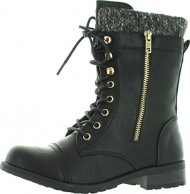 Forever Link Womens Mango-31 Round Toe Military Lace Up Knitted Ankle Cuff Low Heel Combat Boots,Black Pu,8.5